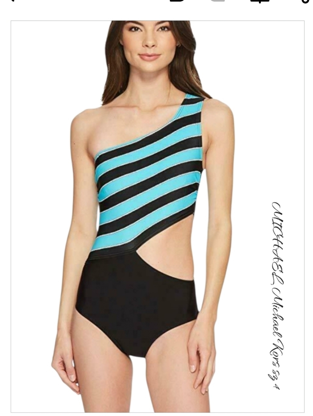 NWT MICHAEL Michael Kors Rope Rugby Stripe One Shoulder Cut Out One Piece 4